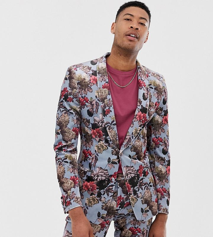 Asos Design Tall Super Skinny Suit Jacket In Blue Floral Print Velvet