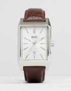 Hugo Boss Square Face Leather Watch In Brown - Brown