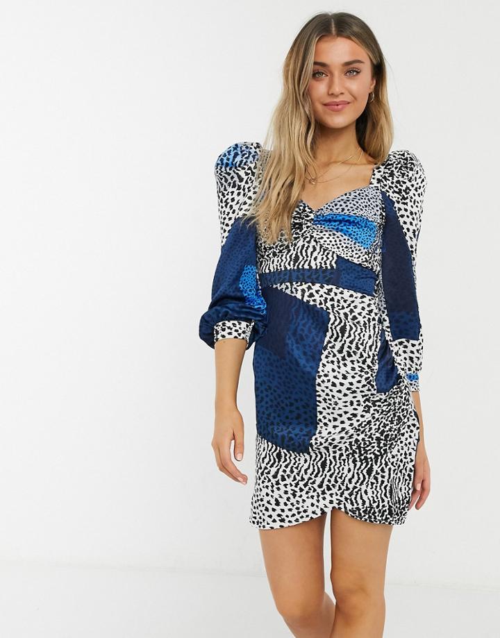 Liquorish Milkmaid Mini Dress With Ruched Sleeves In Blue Square Leopard Print-blues