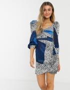 Liquorish Milkmaid Mini Dress With Ruched Sleeves In Blue Square Leopard Print-blues