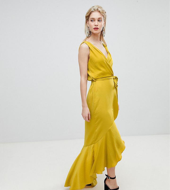 Flounce London Wrap Front Satin Maxi Dress - Yellow
