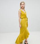 Flounce London Wrap Front Satin Maxi Dress - Yellow