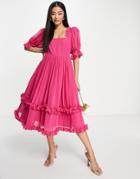 Maya Bridesmaid Square Neck Puff Dress In Fuchsia Pink-purple