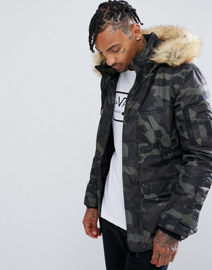 Bershka Parka With Detachable Fur Hood In Camo Print - Green