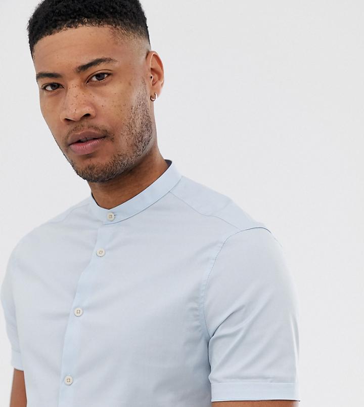 Asos Design Tall Skinny Fit Shirt In Light Blue With Grandad Collar