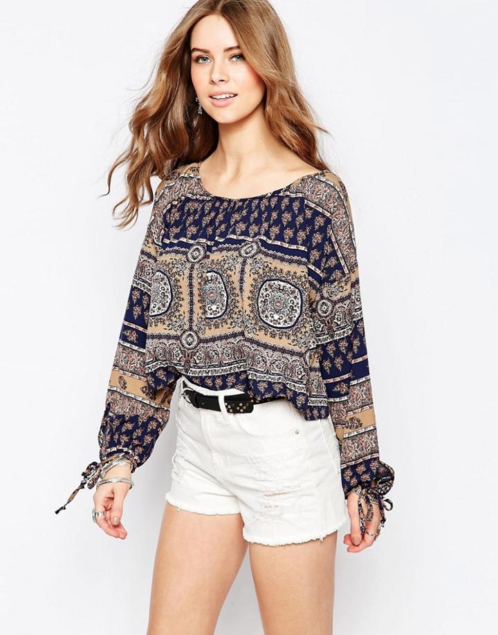 Vintage Havana Boho Printed Flowy Sleeve Blouse - Navy Tan