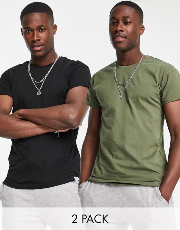 Pull & Bear 2-pack Muscle T-shirts In Black And Khaki-multi