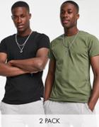 Pull & Bear 2-pack Muscle T-shirts In Black And Khaki-multi