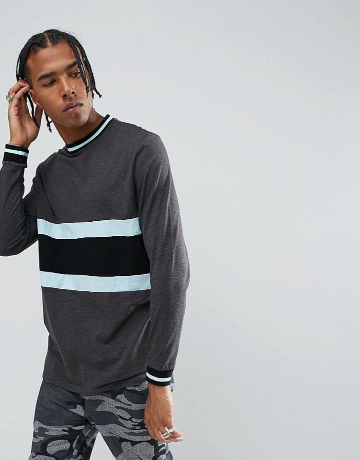 Asos Longline Long-sleeve T-shirt With Colourblocking And Tipping - Gray