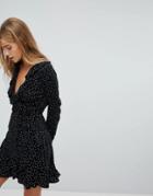 Nobody's Child Long Sleeve Wrap Front Dress With Ruffle In Spot - Black