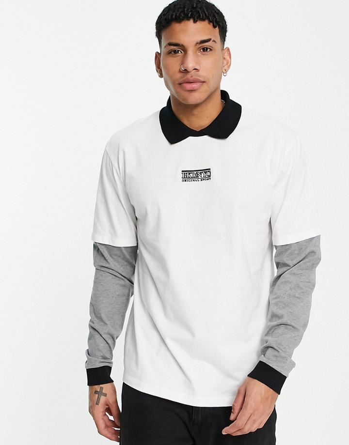 Topman Long Sleeve Oversized Layered Sleeve Polo With Chest Embroidery In Cream-white