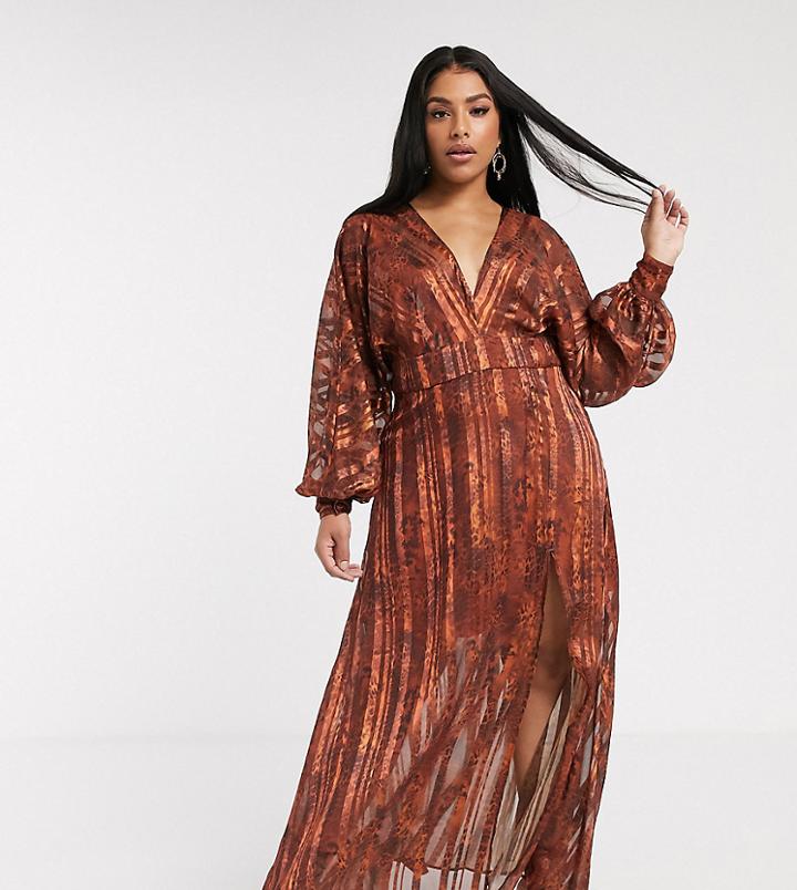 Asos Design Curve Snake Print Maxi Dress In Self Stripe And Blouson Sleeve-multi