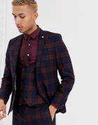 Twisted Tailor Super Skinny Fit Suit Jacket In Burgundy Check