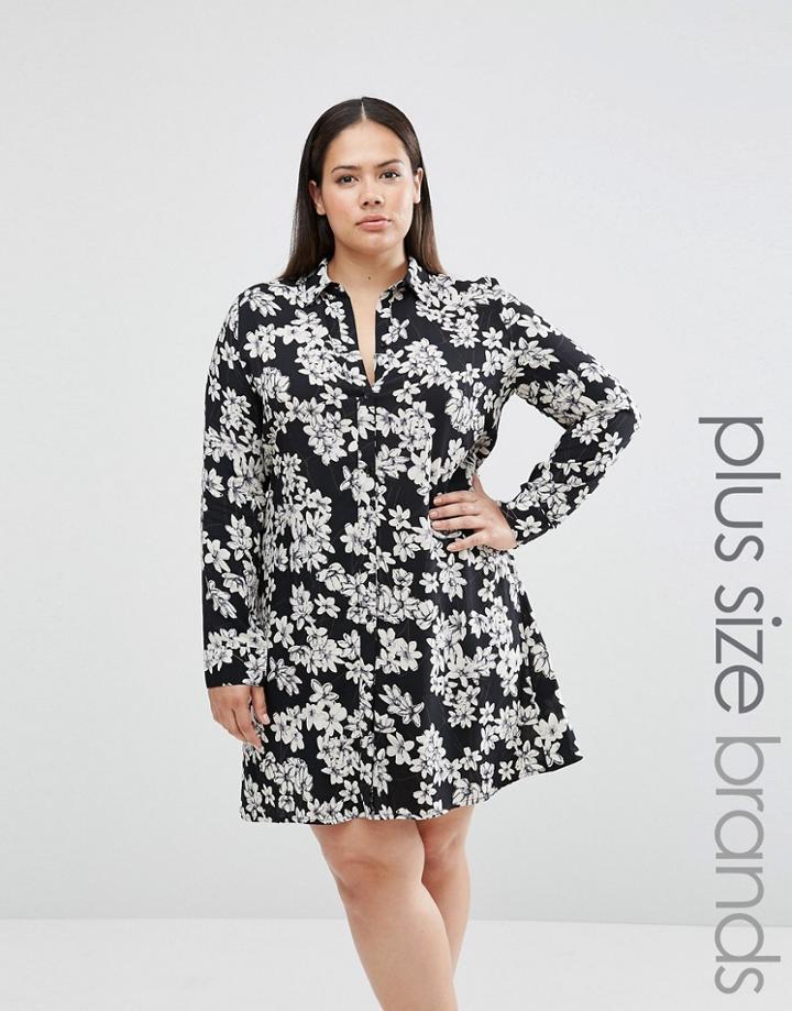 Club L Plus Shirt Dress In Mono Floral Print - Black