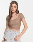 Stradivarius Sweetheart Neck Short Sleeve Top In Taupe-neutral