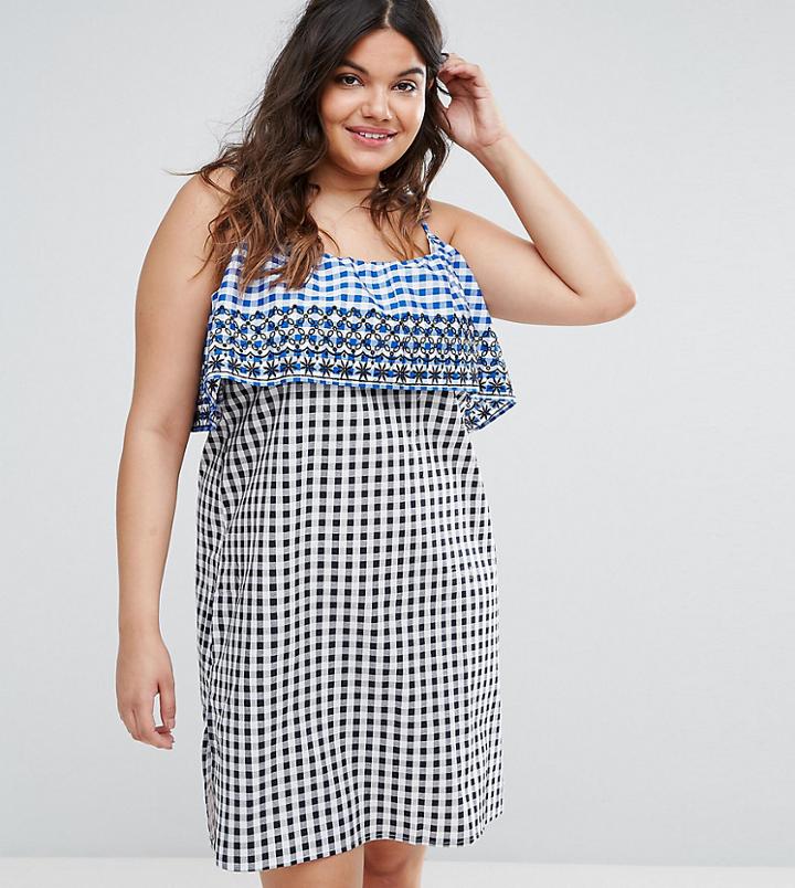 Asos Curve Gingham Double Layered Mini Sundress With Embroidery Detail - Multi