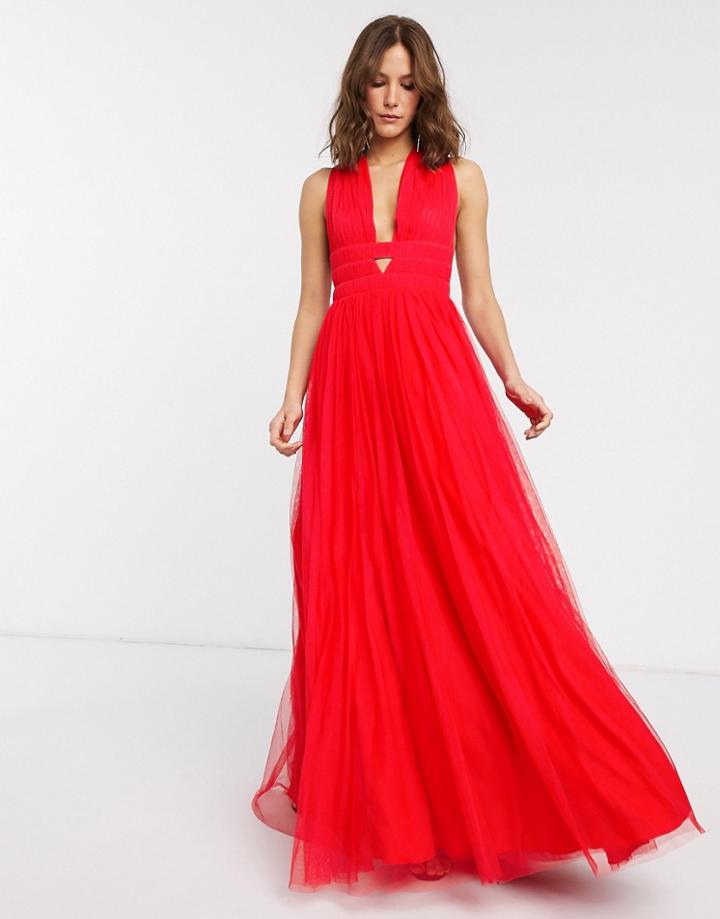 Asos Design Plunge Tiered Grecian Tulle Maxi Dress In Red