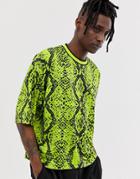Asos Design Oversized Cropped T-shirt In Snake Print With Tipped Rib-green