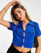 Daisy Street Y2k Button Front Crop Top With Collar In Cobalt-blues