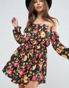Asos Bardot Long Sleeve Skater Dress In Dark Base Floral Print - Multi