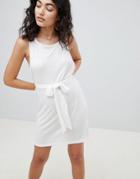 Asos Design Tie Front Step Hem Beach Dress In Waffle Jersey-white