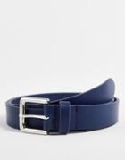 Asos Design Slim Leather Belt In Navy With Silver Buckle