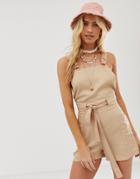 Asos Design Beach Overall Romper With Neon Top Stitch - Brown