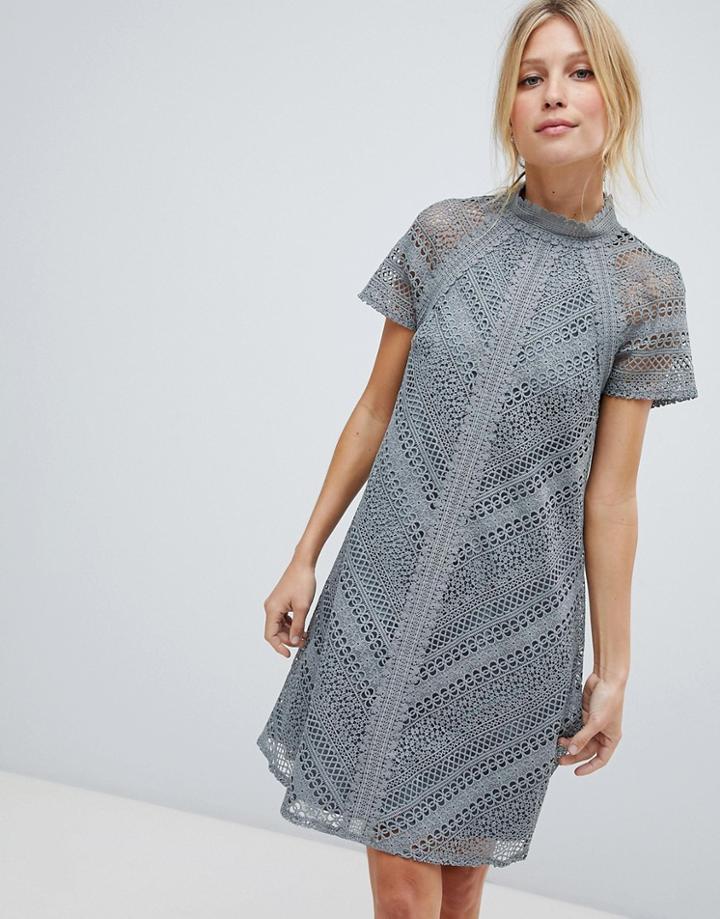 Little Mistress All Over Lace Mini Shift Dress-gray