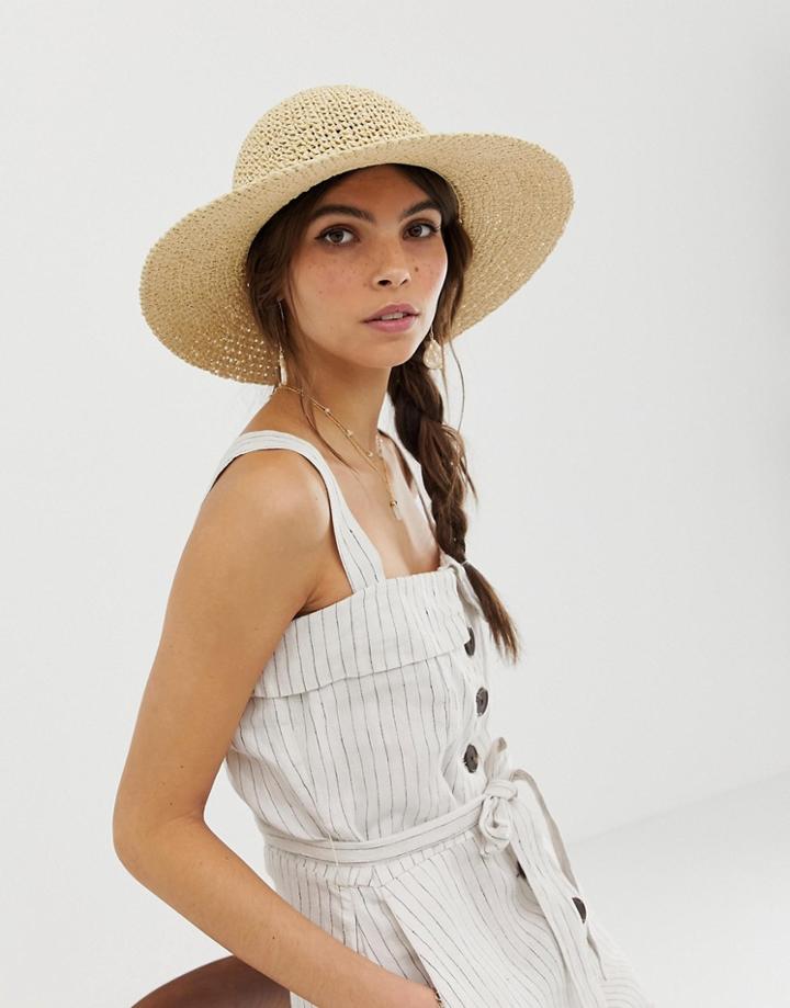 Asos Design Straw Crochet Short Brim Floppy Hat With Size Adjuster - Brown