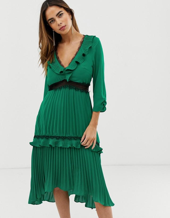 Liquorish Pleated Midi Dress With Contrast Lace Inserts And Ruffle Detail-green