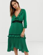Liquorish Pleated Midi Dress With Contrast Lace Inserts And Ruffle Detail-green