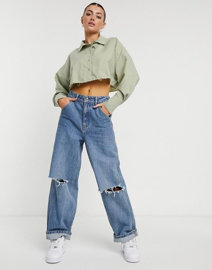 Asos Design Cropped Shirt With Raw Hem In Washed Khaki-green