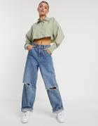 Asos Design Cropped Shirt With Raw Hem In Washed Khaki-green
