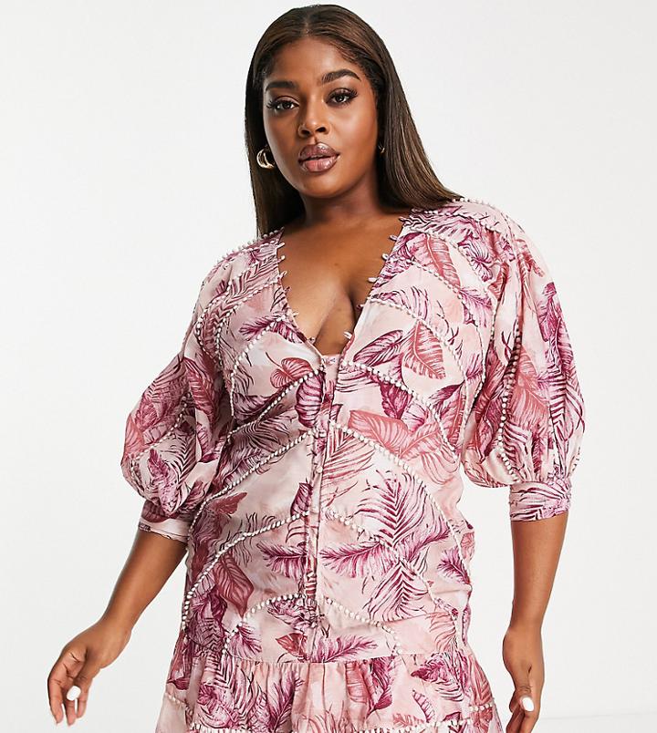 Asos Design Curve Palm Print Structured Mini Dress With Lace Trim Detail And Puff Sleeves-multi