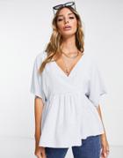 Asos Design Wrap Top With Angel Sleeves & Peplum Hem In Icy Blue