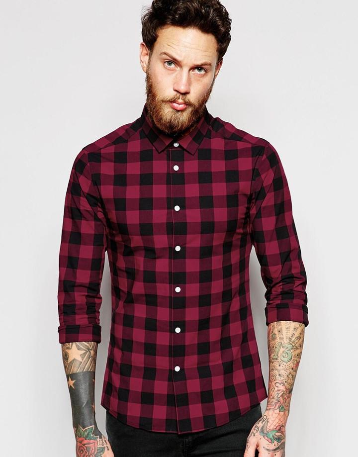 Asos Skinny Shirt In Burgundy Buffalo Plaid - Burgundy