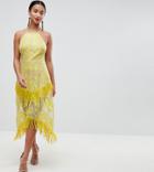 Asos Design Petite Embroidered Square Neck Fringe Hem Midi Dress - Yellow