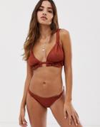 Asos Design Tab Detail Frill Triangle Bikini Top In Shiny Brown - Brown