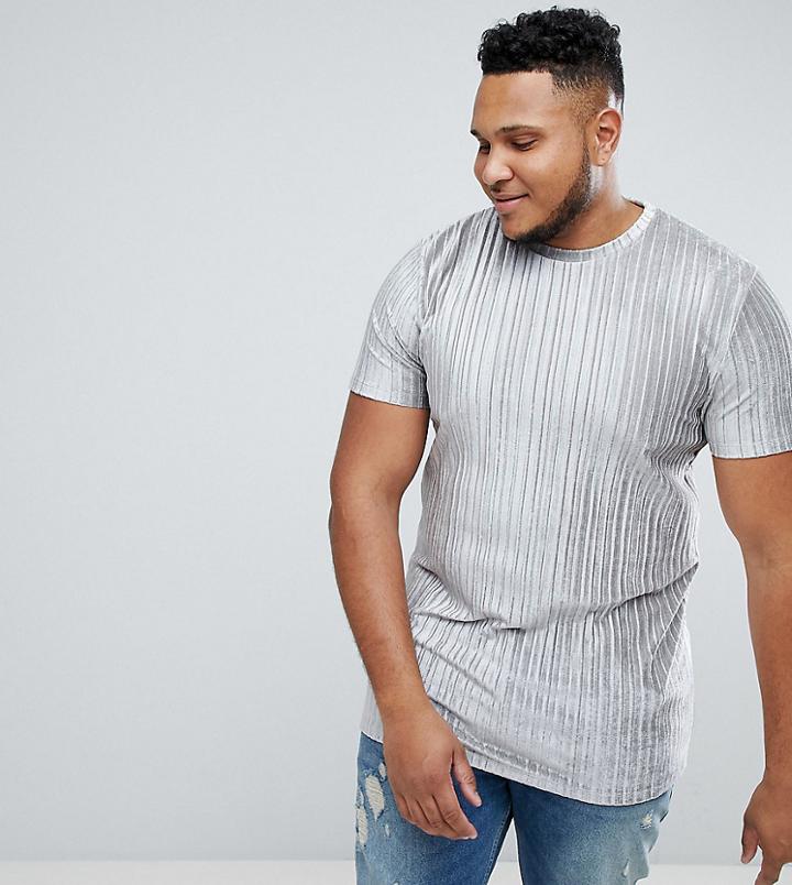 Asos Plus Longline T-shirt In Pleated Velour - Silver