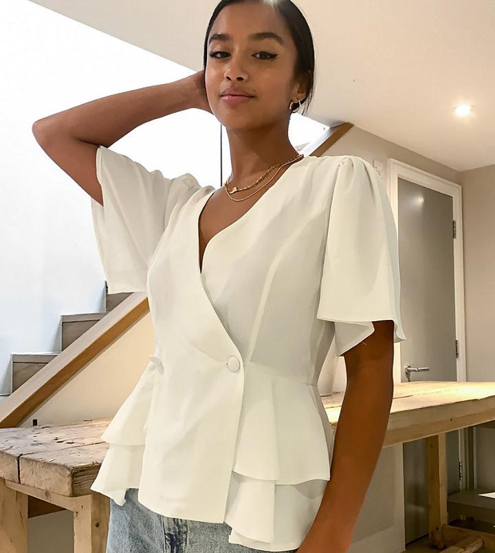 Asos Design Petite Tux Top With Angel Sleeve And Button Detail In Ivory-white