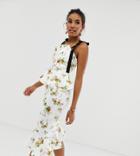 Asos Design Pleated Bodice Floral Midi Pencil Dress With Belt - Multi