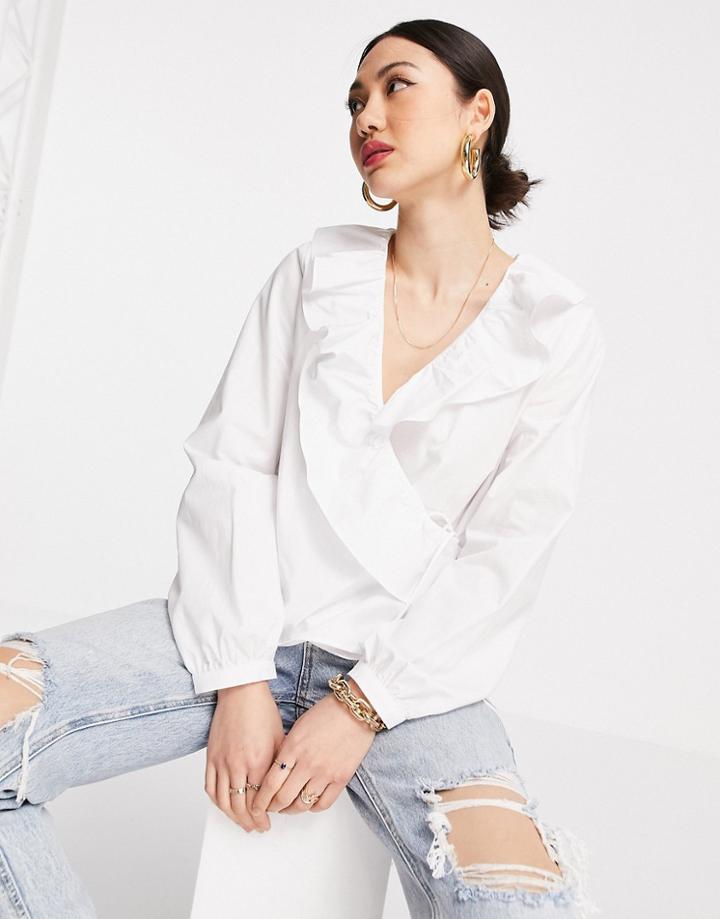 Mango Poplin Cotton Wrap Blouse With Frill In White