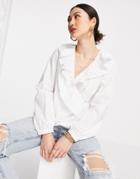 Mango Poplin Cotton Wrap Blouse With Frill In White