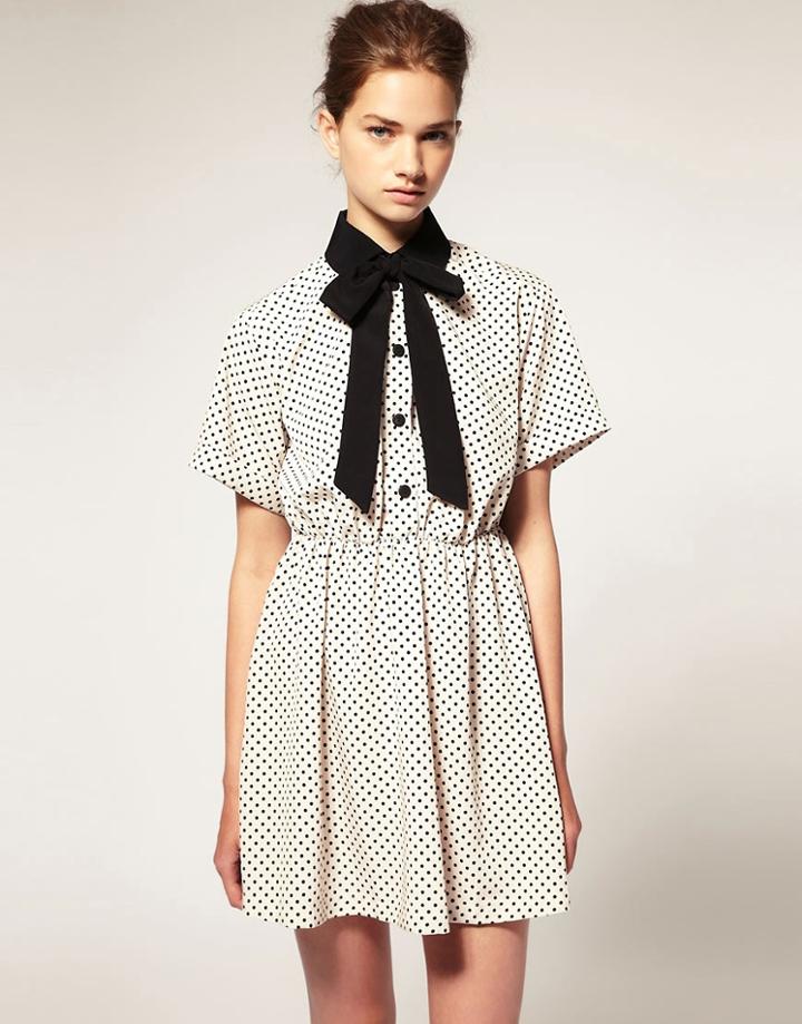Asos Pussy Bow Dress With Black Spot Collar - Black