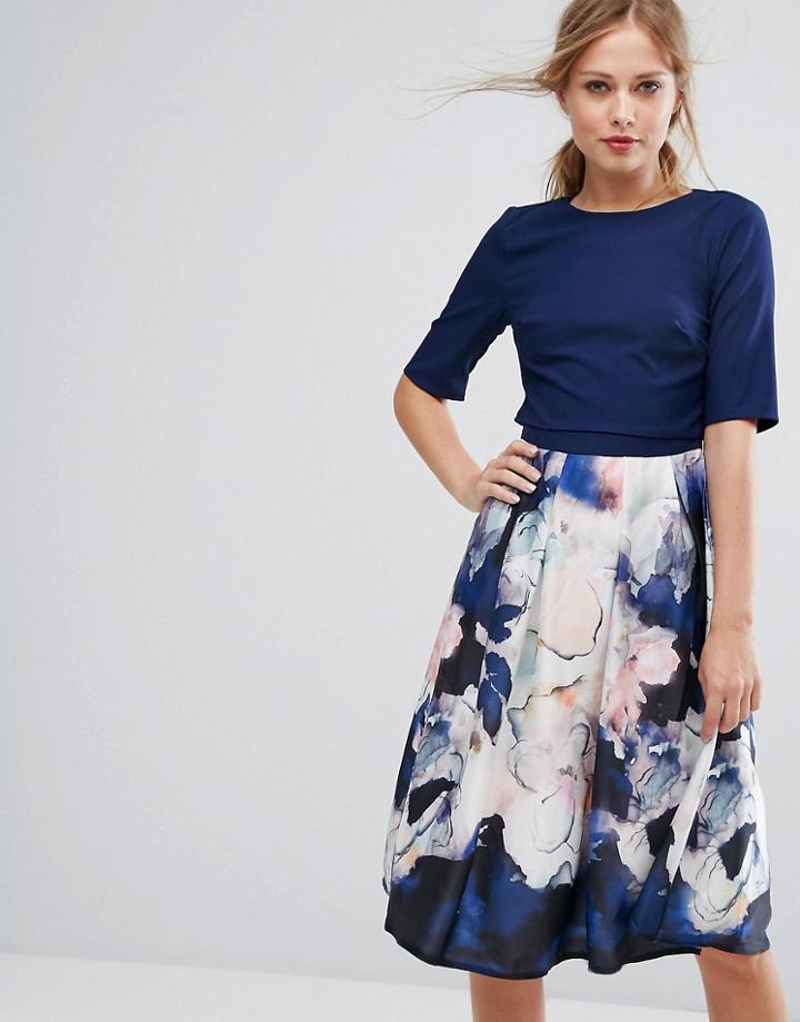 Little Mistress Short Sleeve Skater Dress With Printed Skirt - Multi