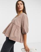 Asos Design Long Sleeve Cotton Smock Top With Pep Hem In Chocolate-brown