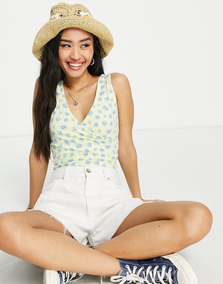 Asos Design Sleeveless Wrap Top In Floral Ditsy-yellow