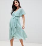 Asos Design Maternity Midi Dress With Cape Back And Dip Hem - Green