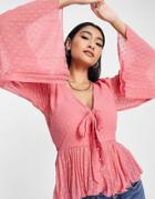 Asos Design Textured Pleated Peplum Top With Tie Detail And Long Sleeve In Dusty Rose-multi