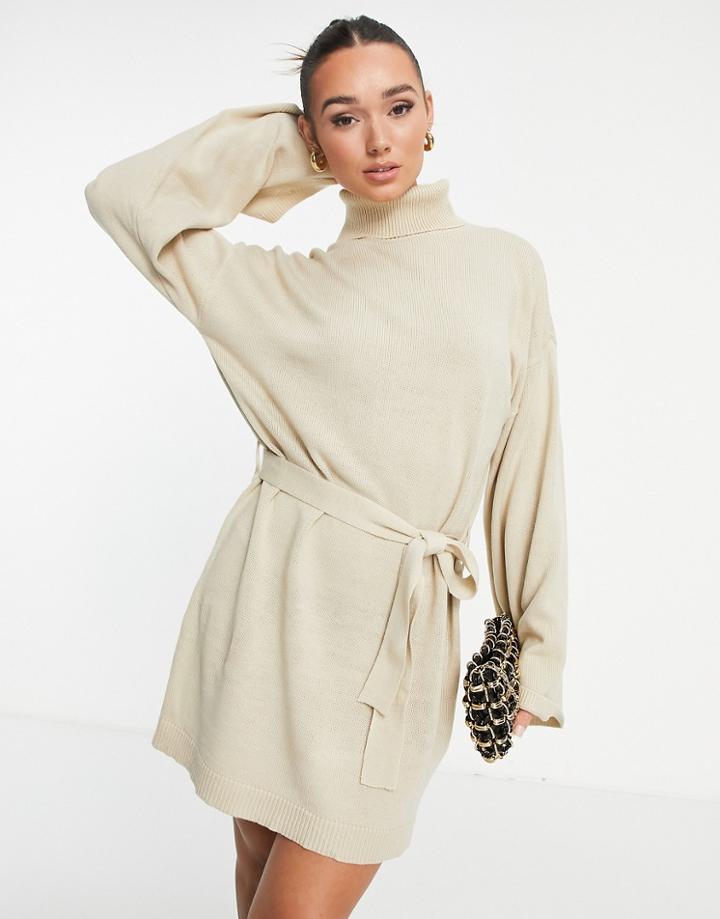 Pretty Lavish Tie Waist Knit Mini Dress In Beige-neutral